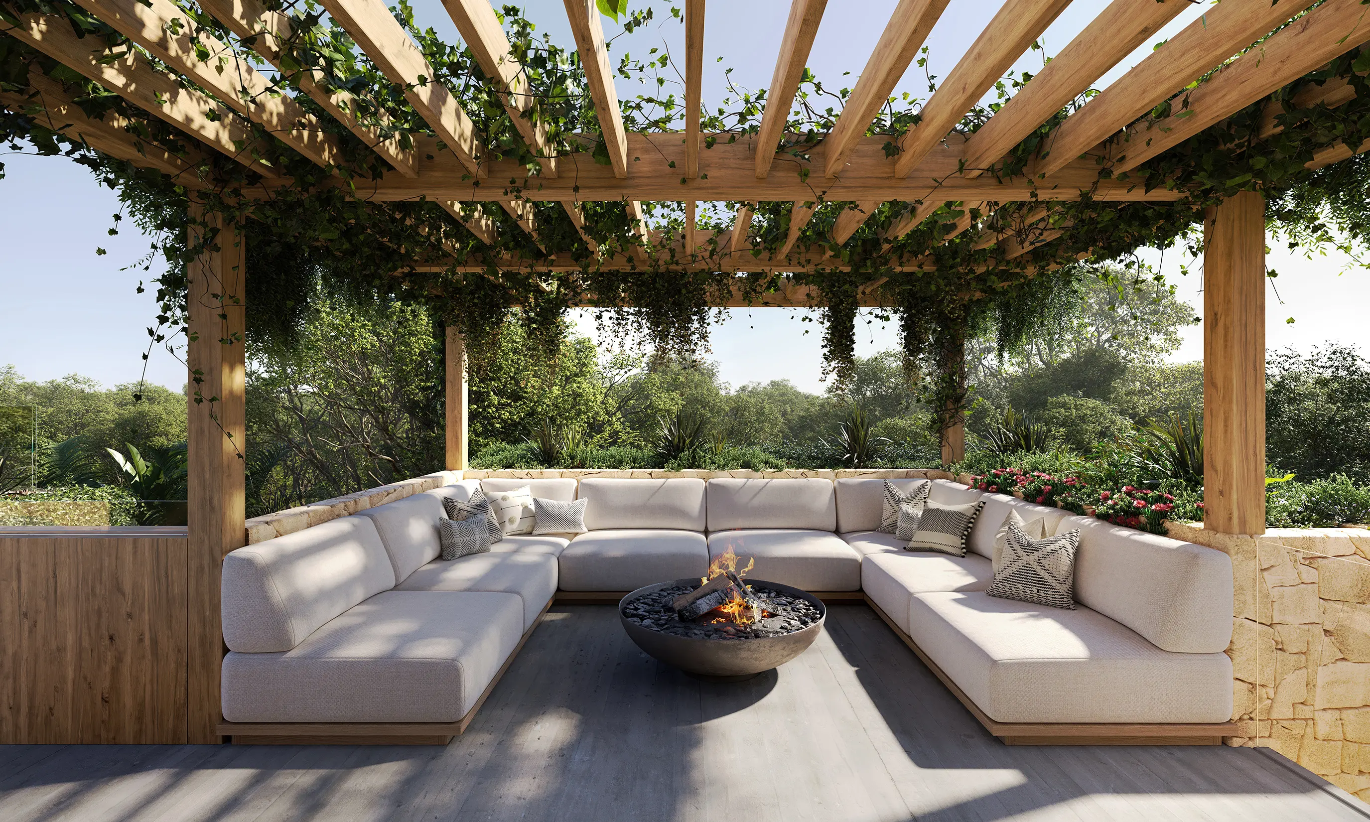 Outdoor pergola seating area with fire pit