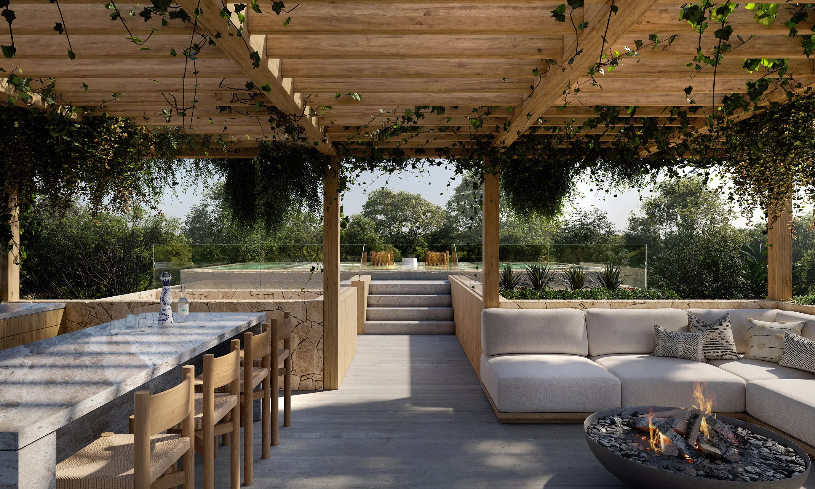 Pergola-covered patio with sectional sofa and fire pit