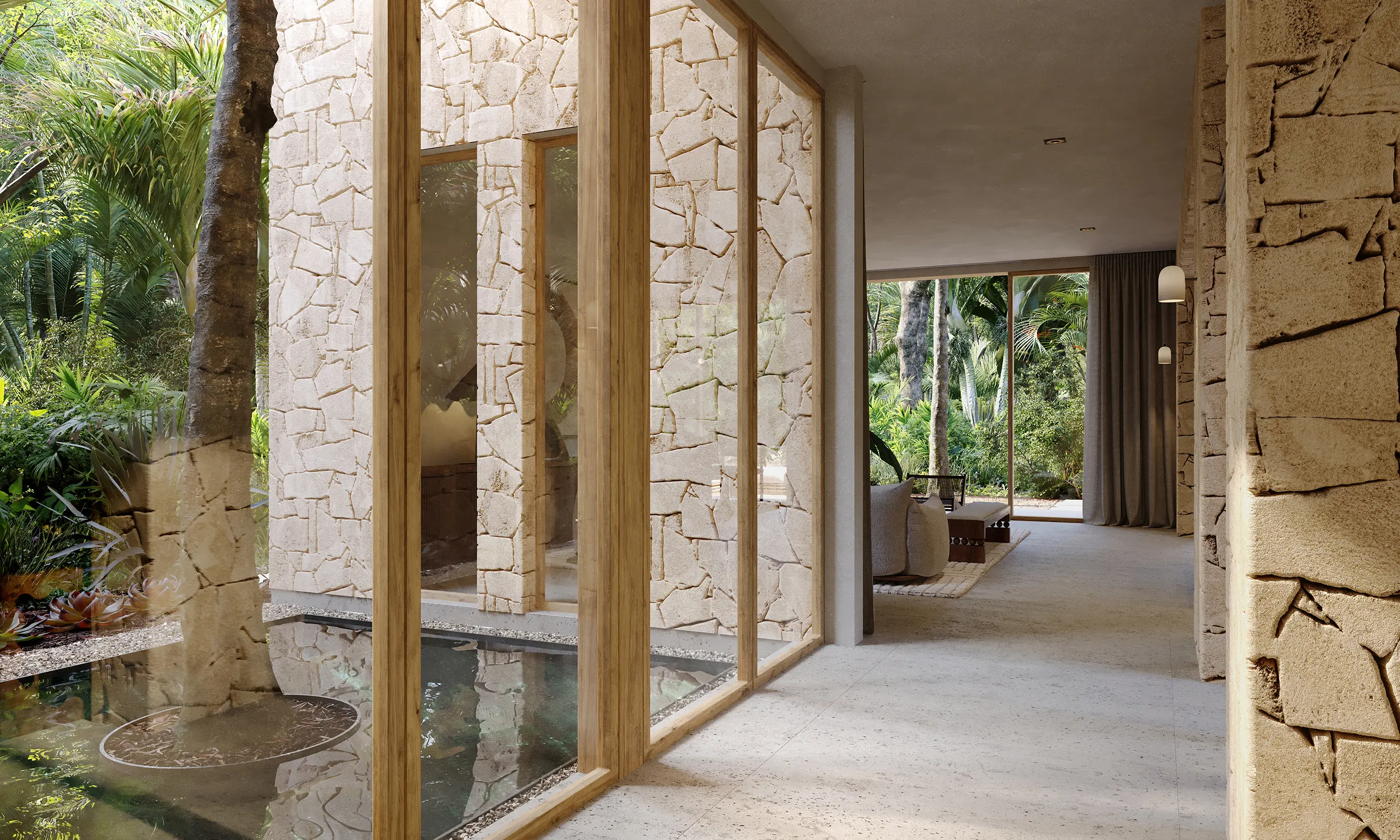 Modern tropical interior with glass and pool