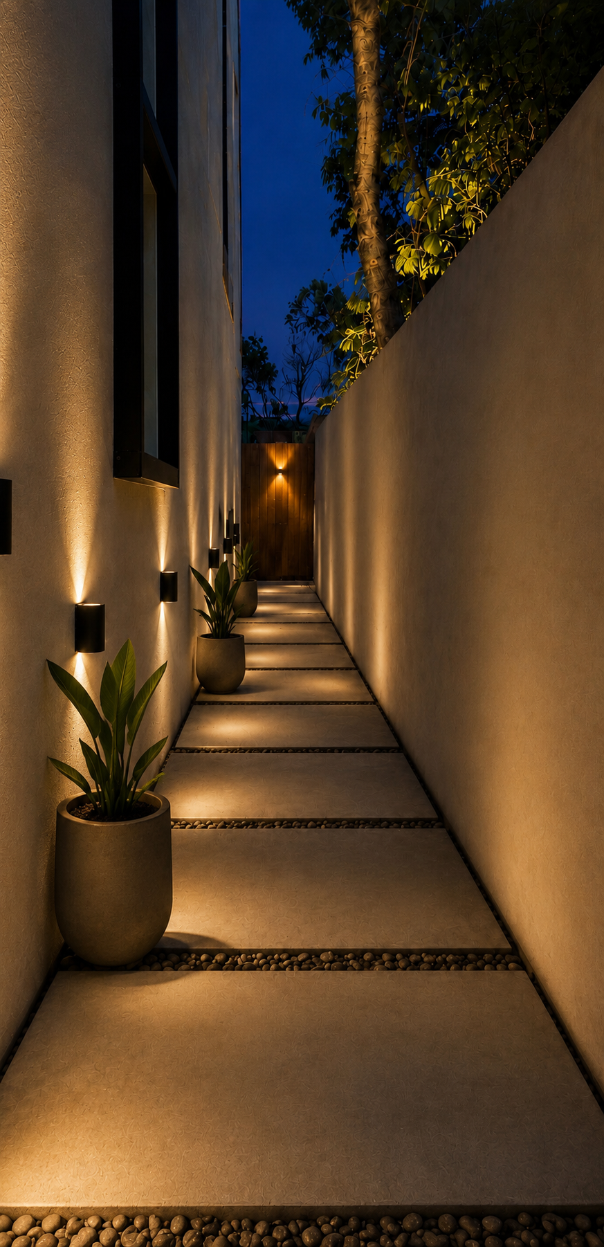Illuminated narrow outdoor walkway with potted plants