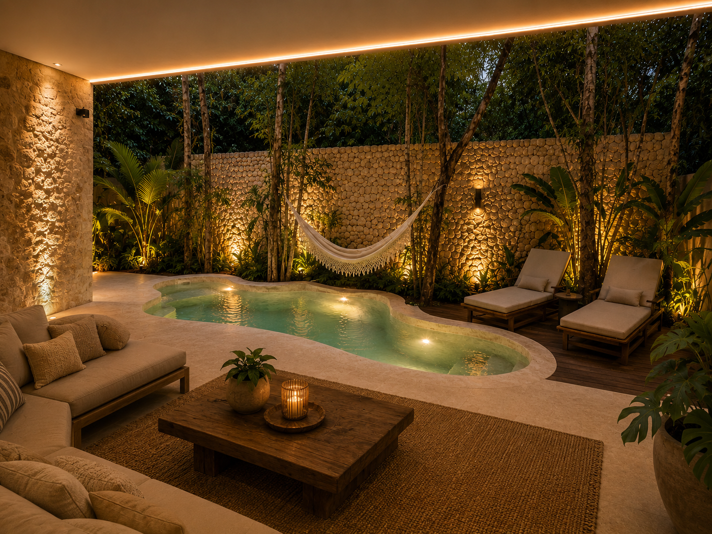 Cozy illuminated outdoor patio with pool and hammock