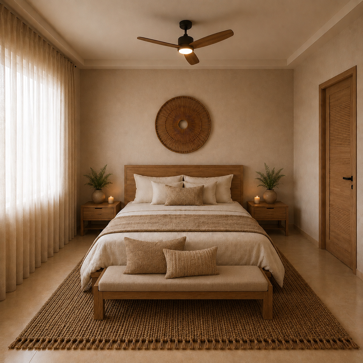 Neutral-toned bedroom with bed, bench, rug