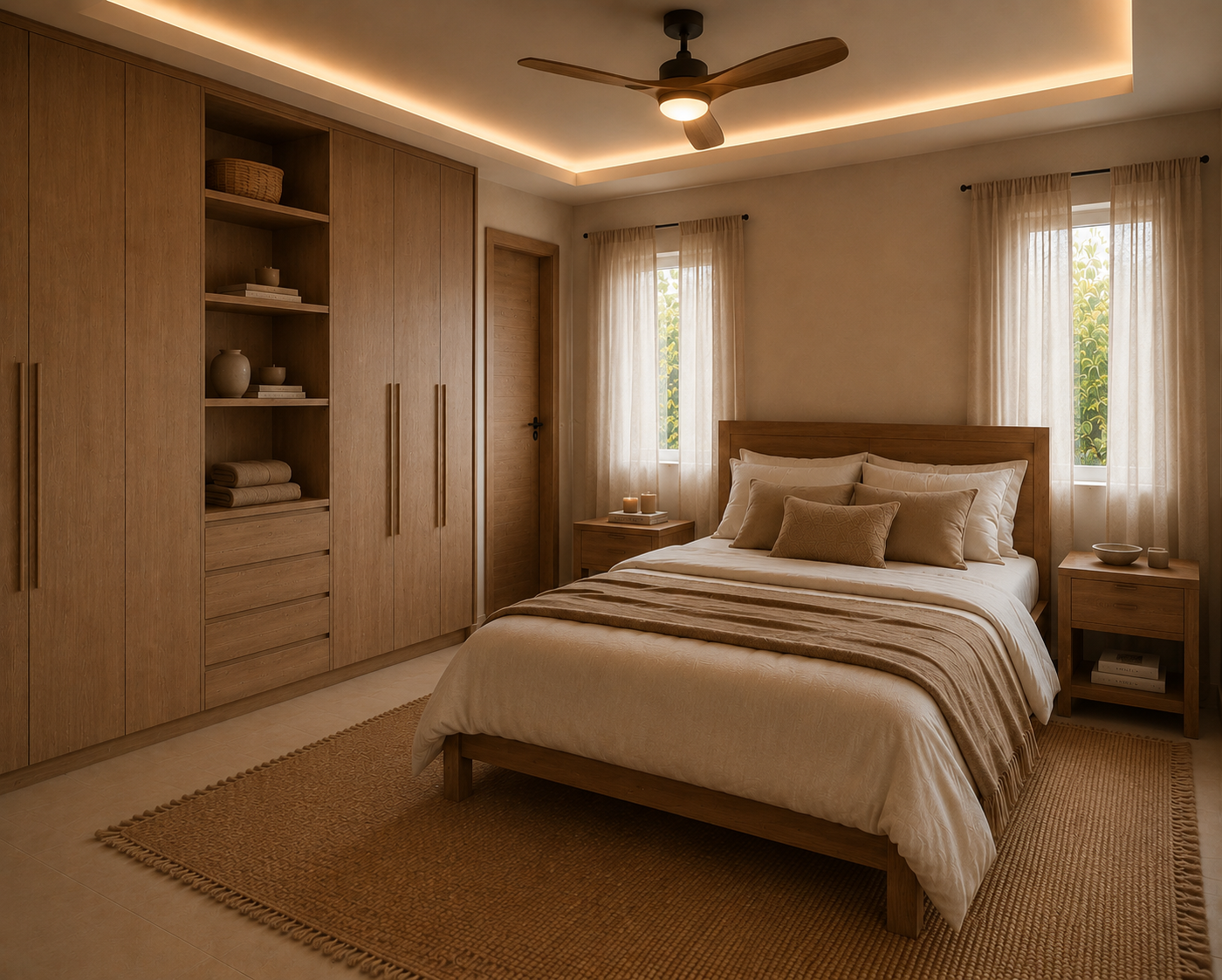 Cozy neutral bedroom with wooden furniture