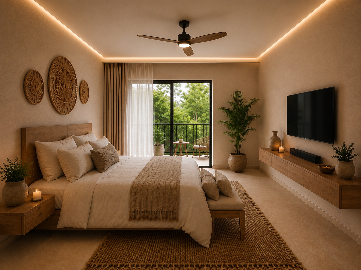 Modern neutral bedroom with balcony and fan
