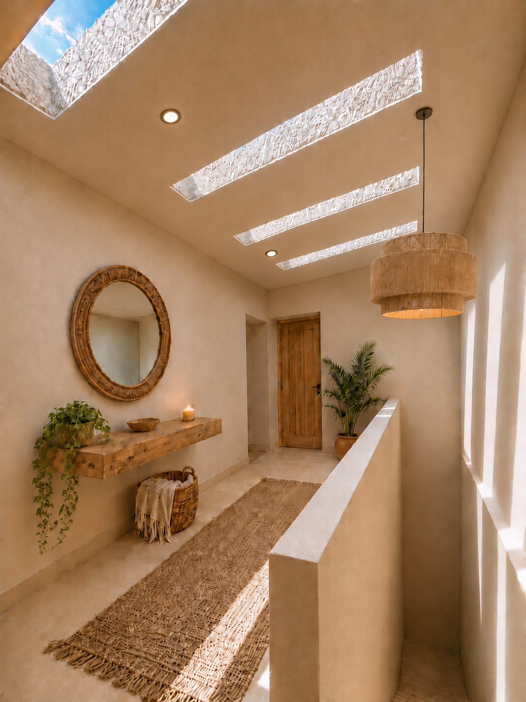Sunlit rustic hallway with skylights and mirror