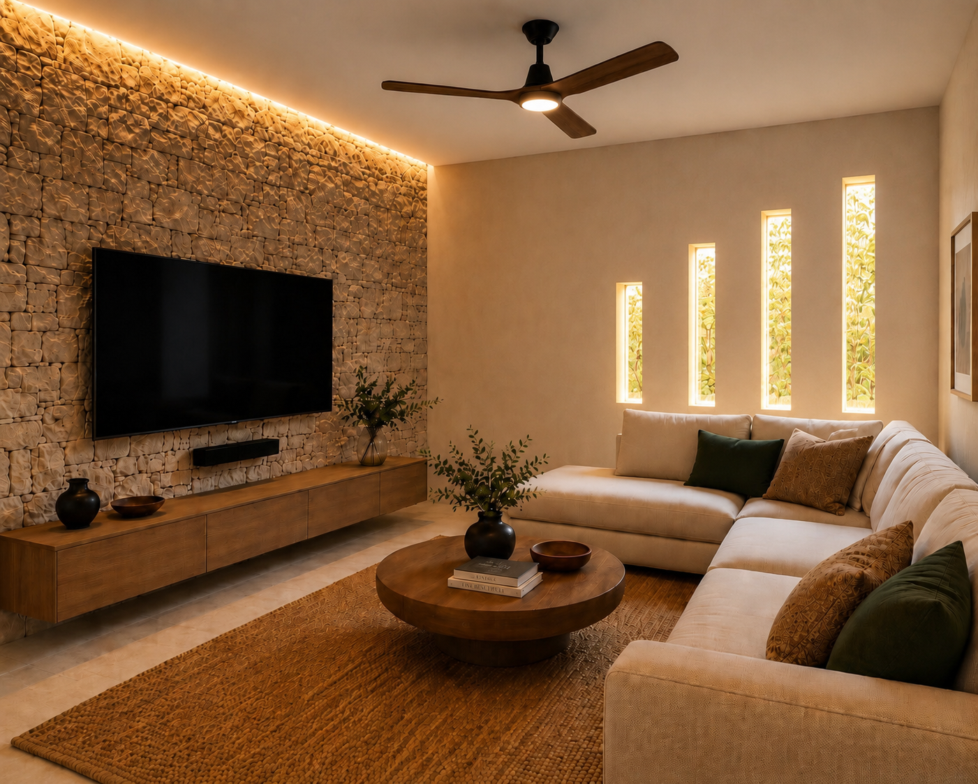 Modern living room with stone accent wall