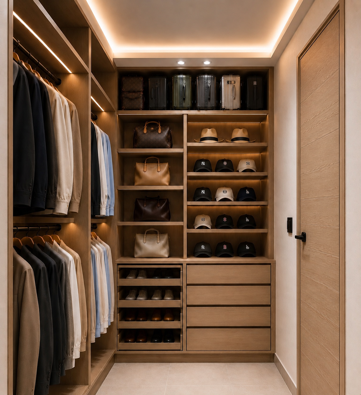 Organized walk-in closet with hats and suits