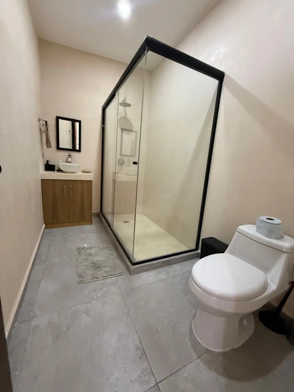 Modern bathroom with glass shower and toilet