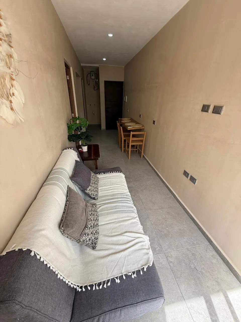 Narrow living room corridor with sofa and table