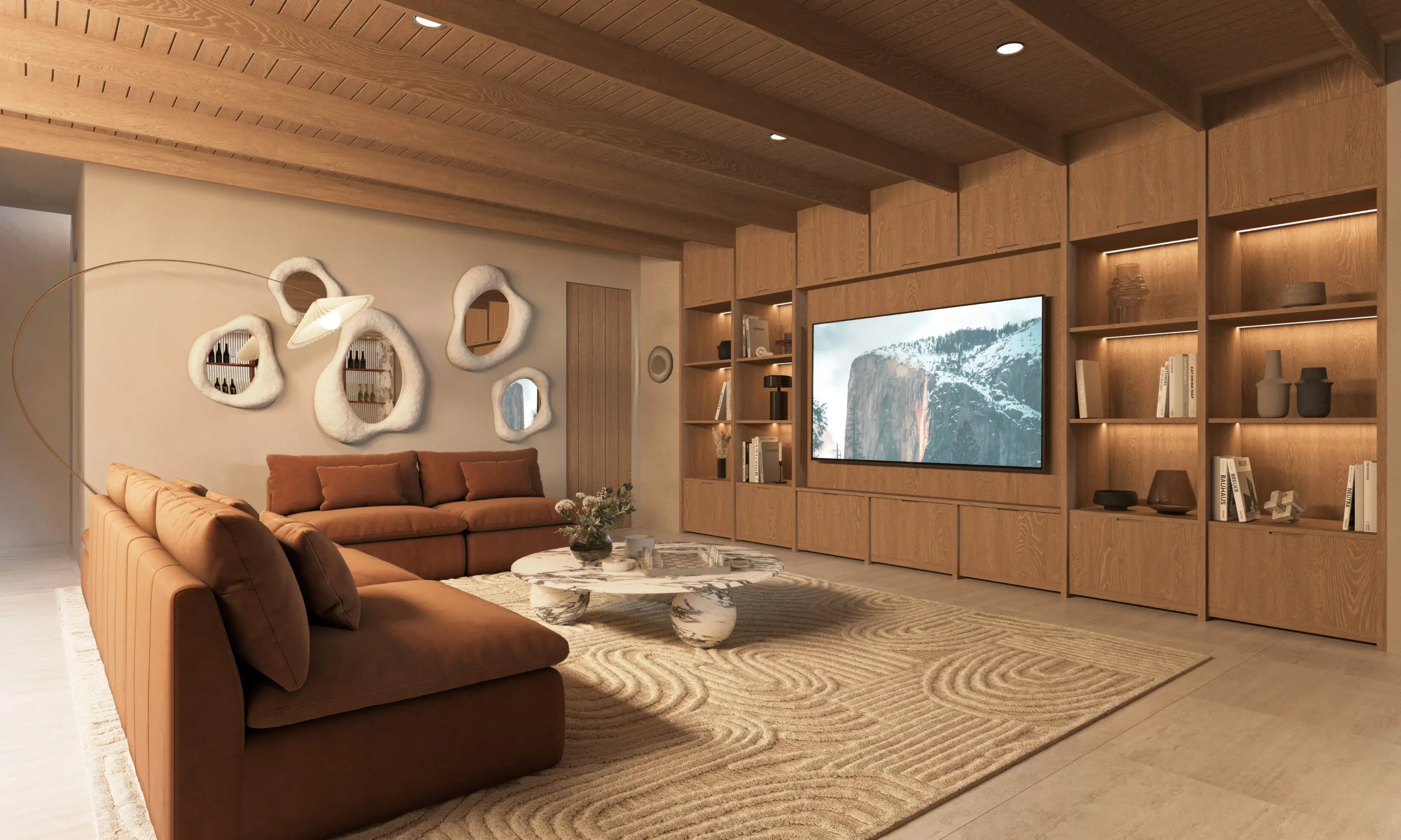 Modern wood-paneled living room with brown sectional