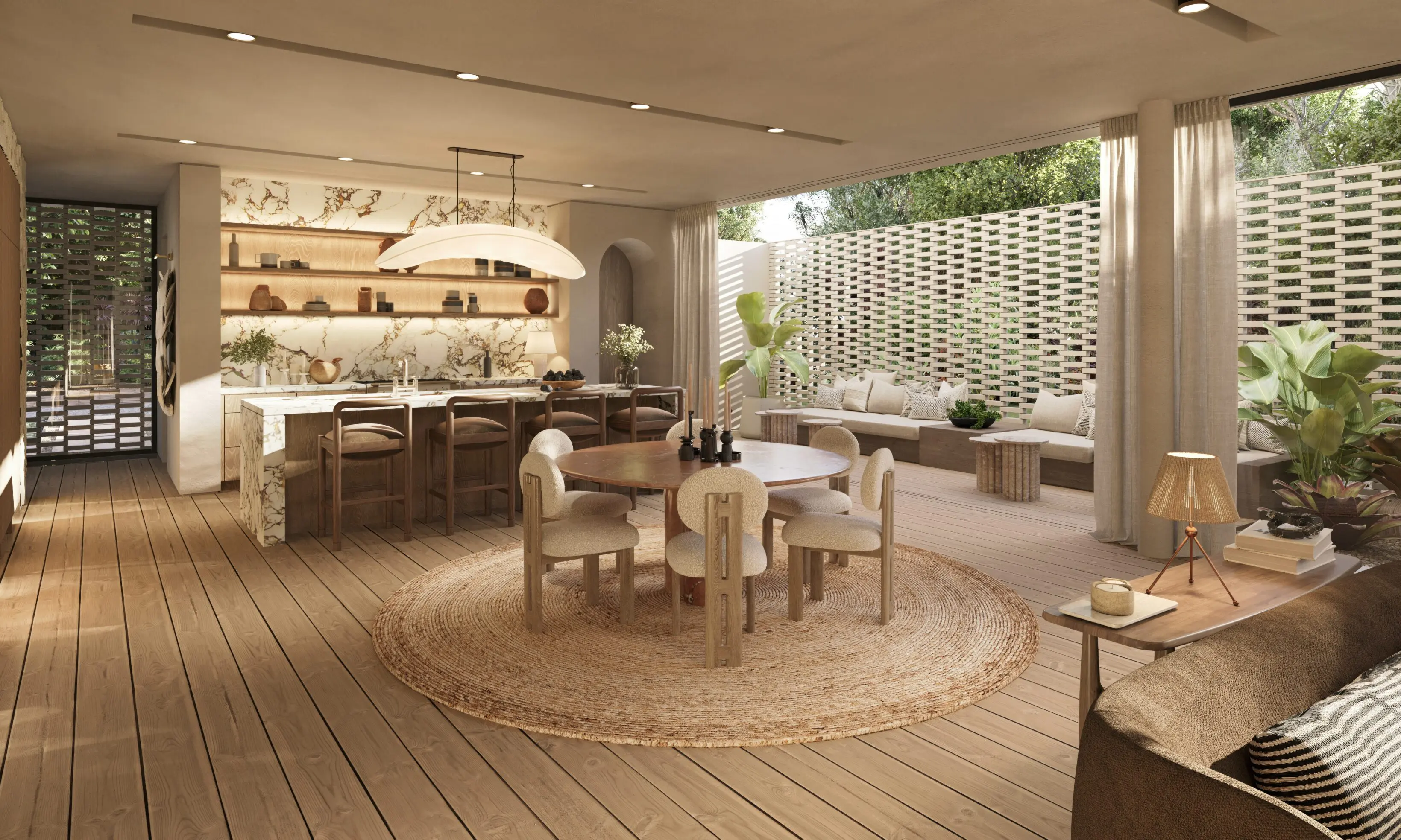 Open plan wooden interior with round rug
