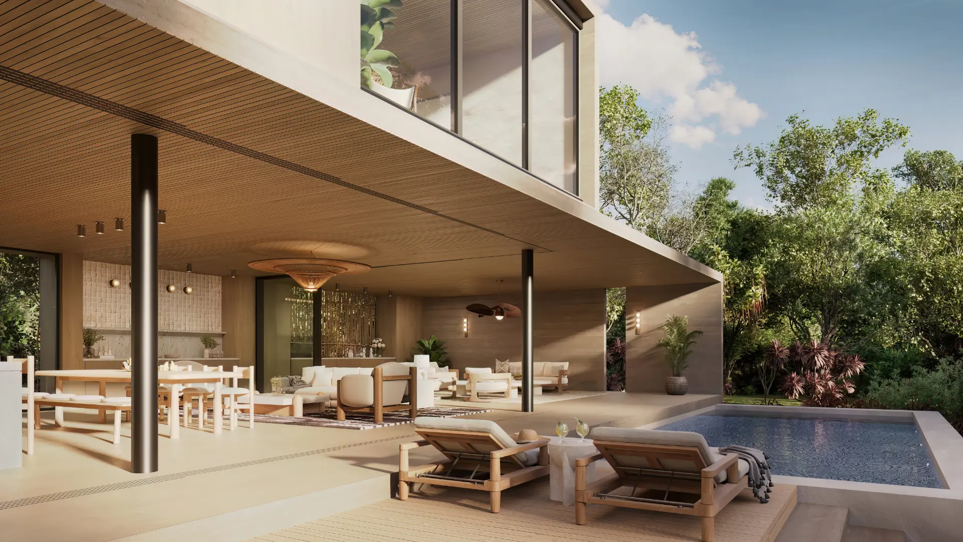 Modern open patio with pool and lounge chairs