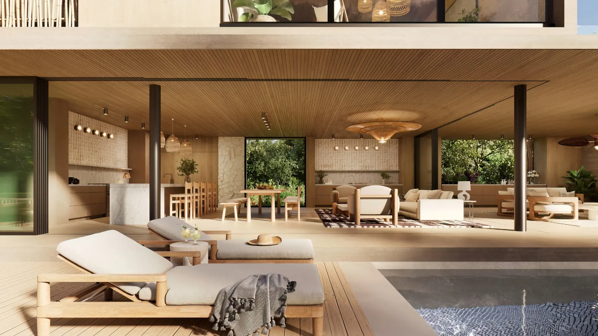 Modern open-plan villa with pool and loungers