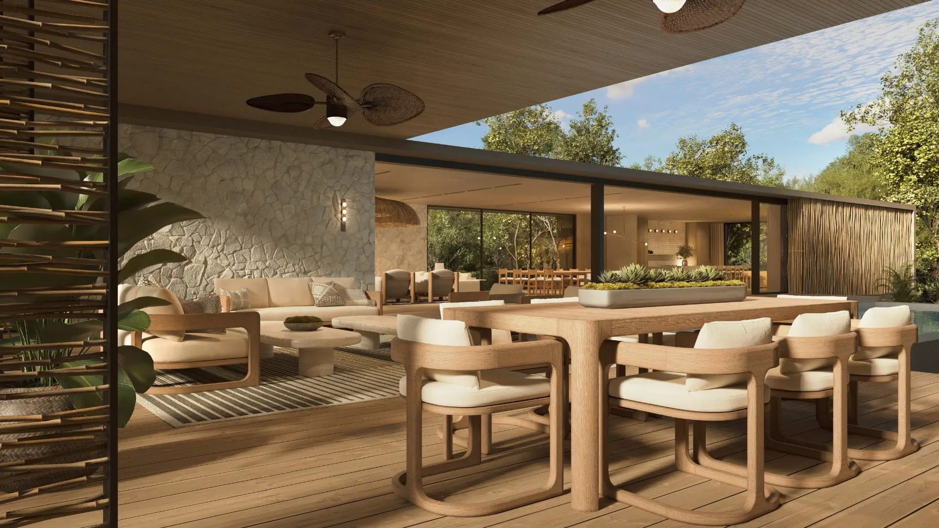 Modern open-air patio with wooden dining set