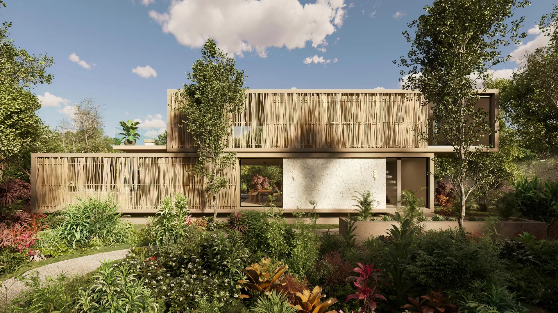 Modern bamboo-clad house surrounded by lush garden