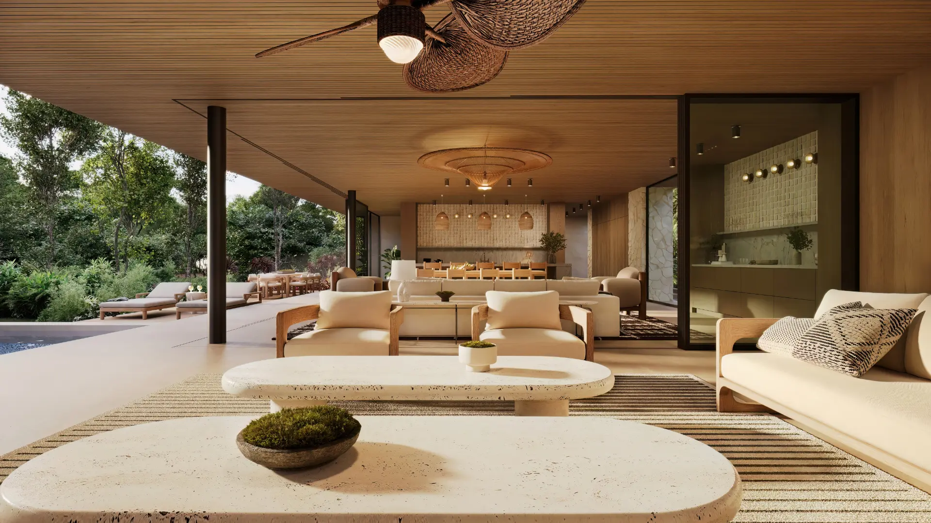 Luxury open air patio lounge with pool view