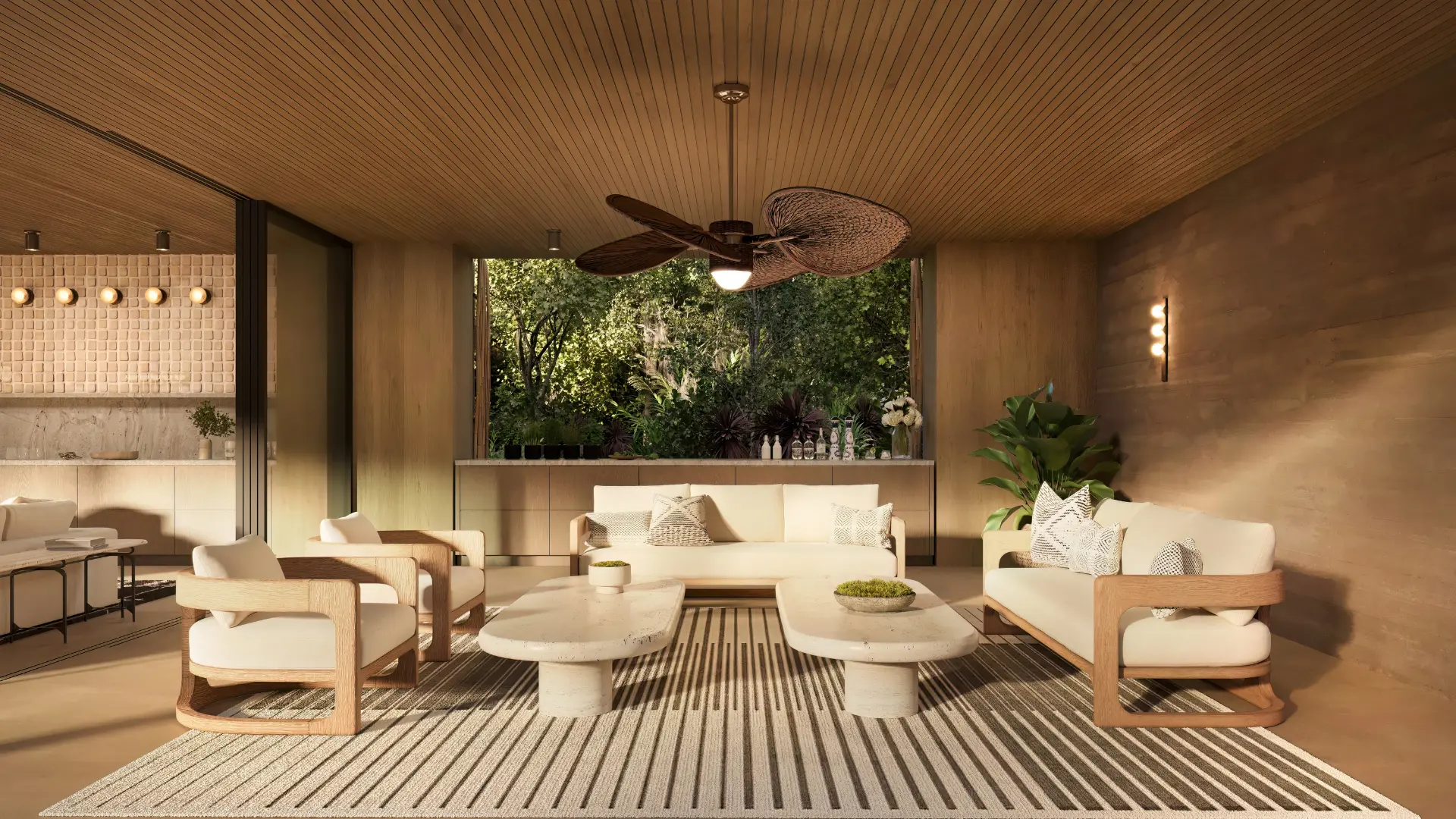 Covered patio with modern white sofas and fan