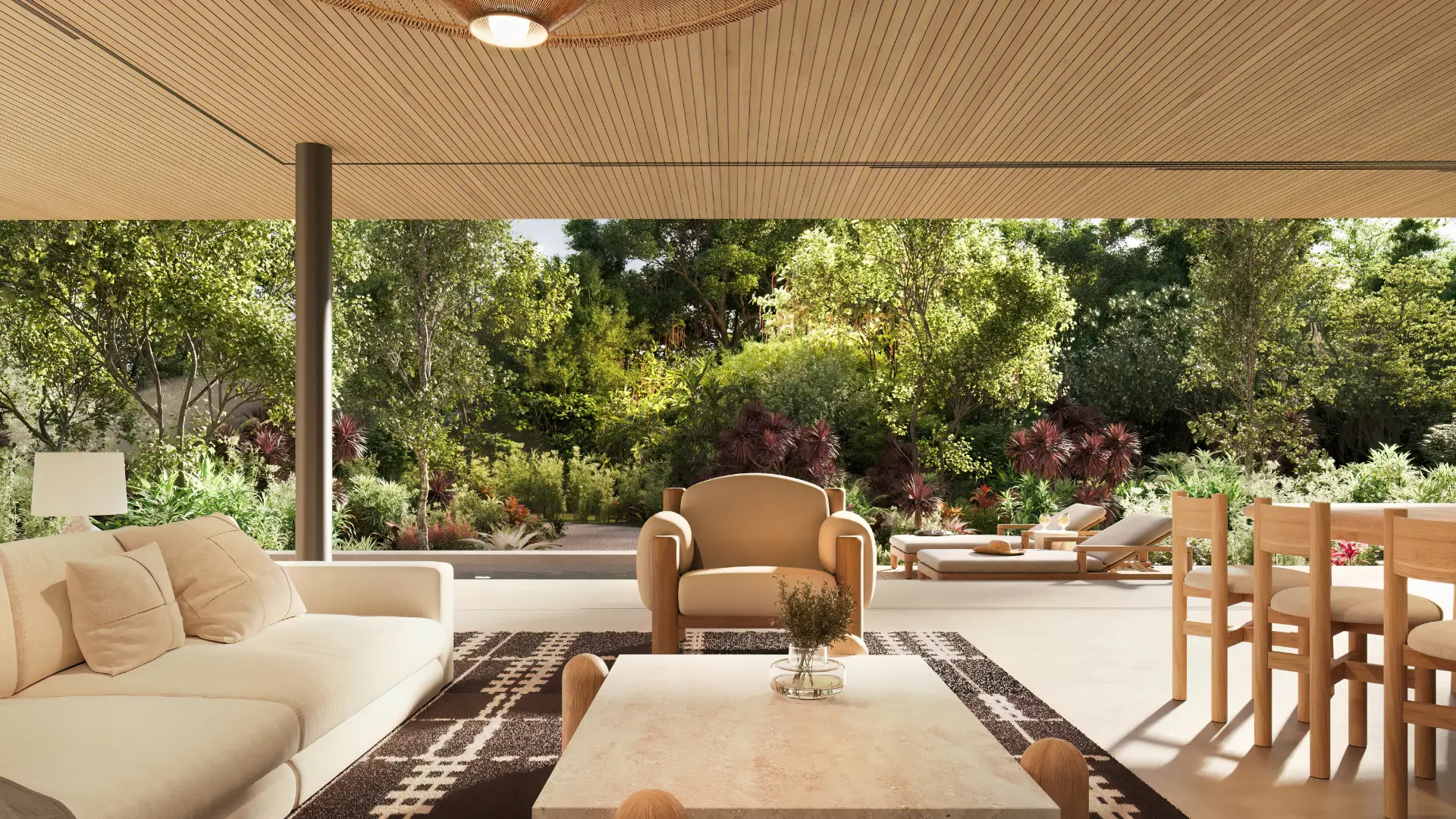 Modern outdoor living area overlooking lush garden