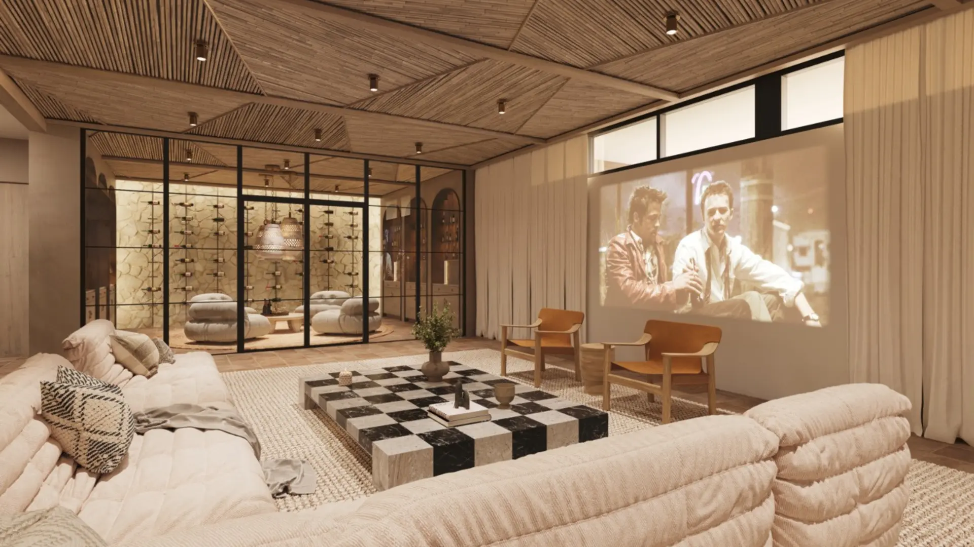 Cozy modern home theater with plush seating