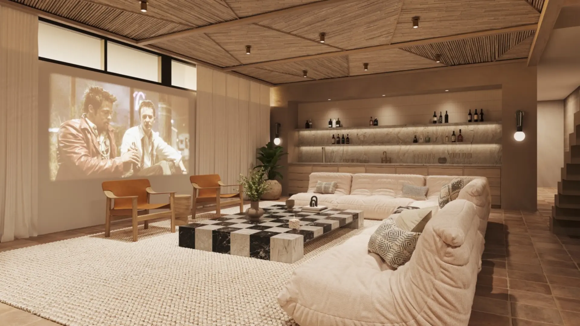 Cozy home theater with large sectional sofa