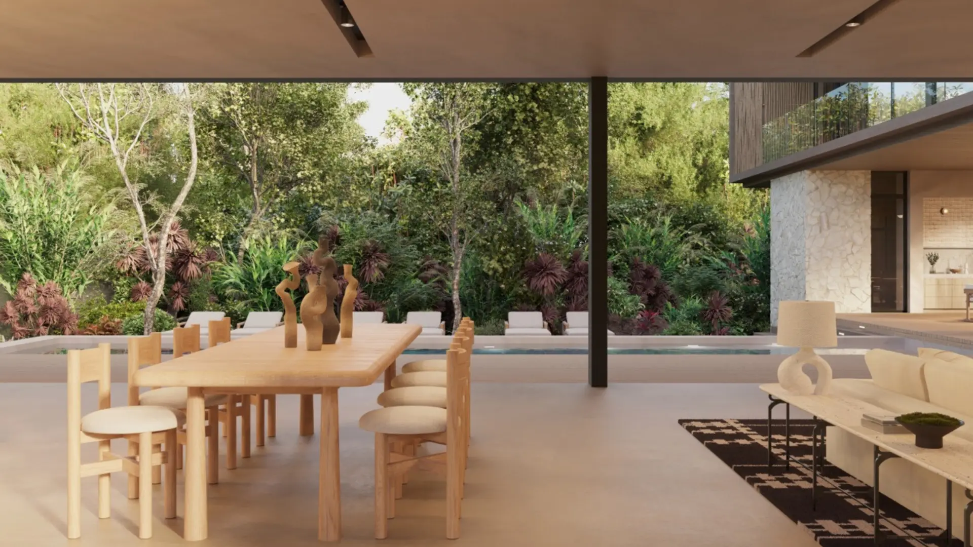 Modern open-plan dining room with wooden table