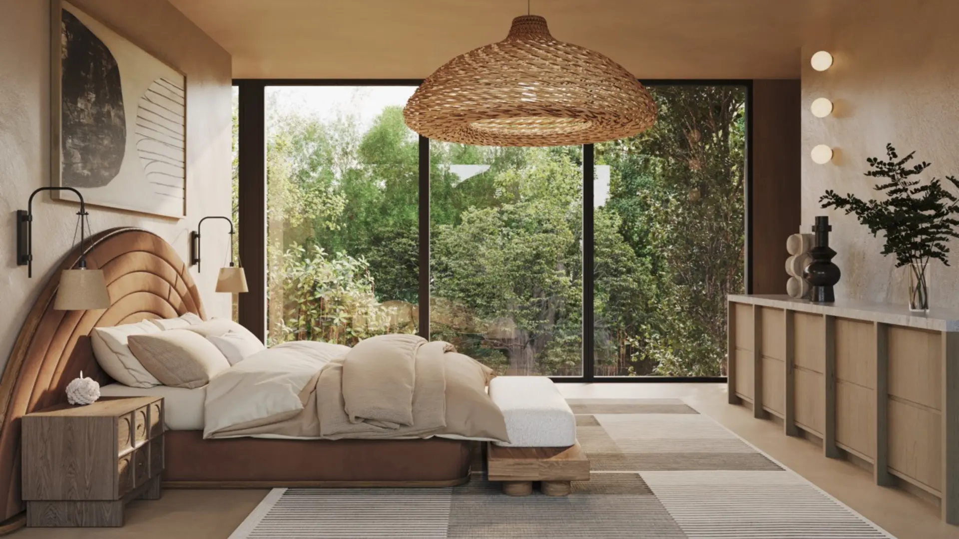 Cozy modern bedroom with floor-to-ceiling windows