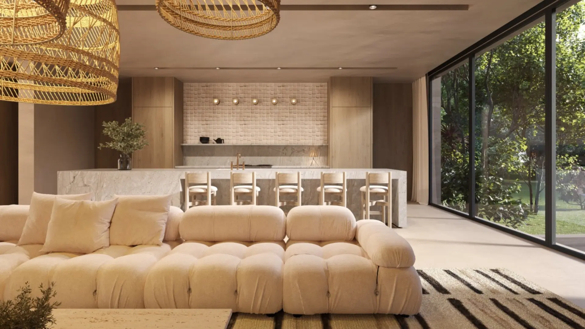 Modern living room with tufted sofa and kitchen