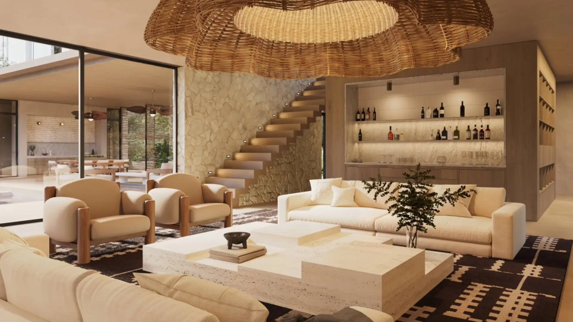 Modern neutral living room with wicker chandelier