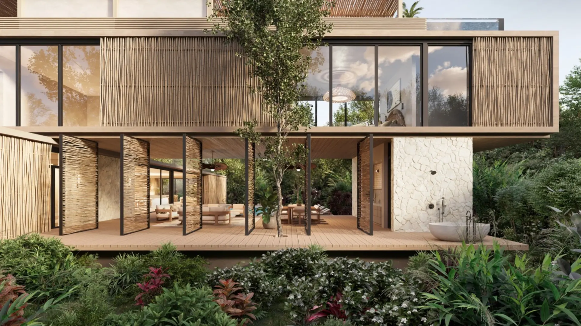 Modern wooden house with open patio and greenery