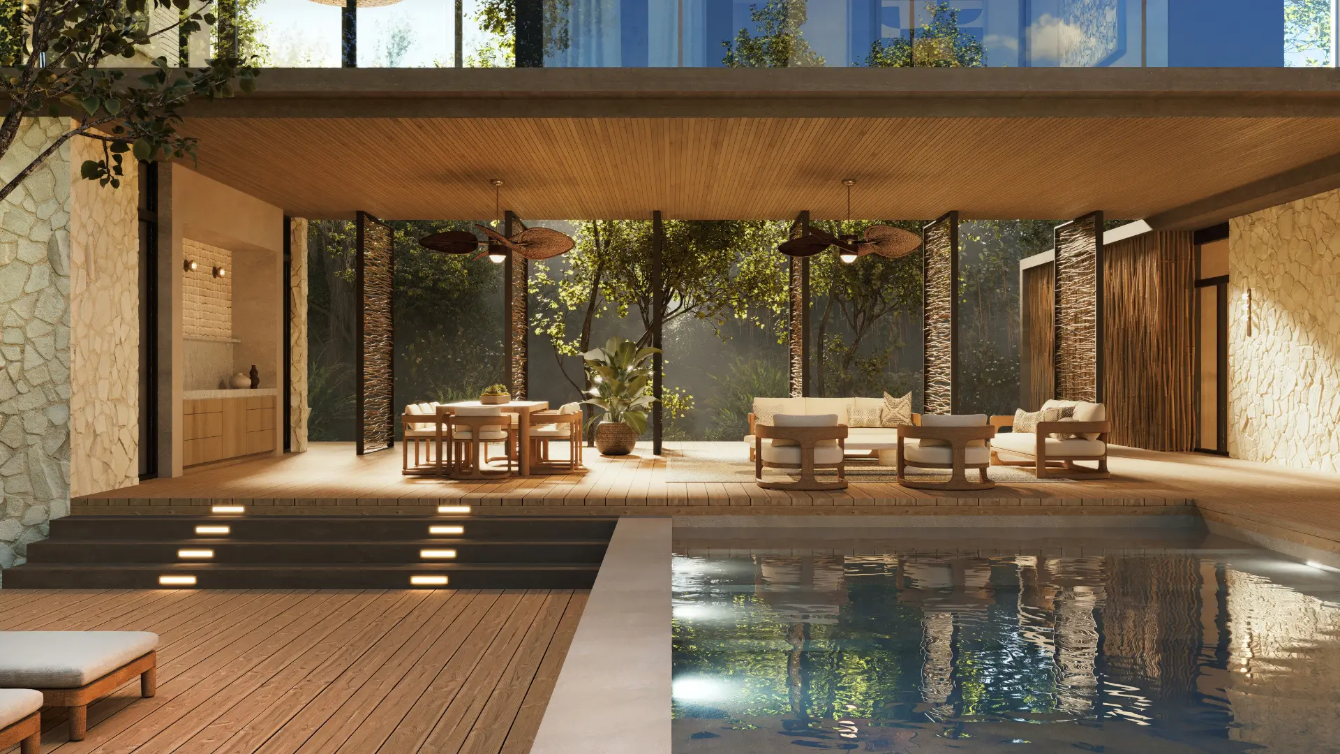 Modern open-air patio with pool and seating