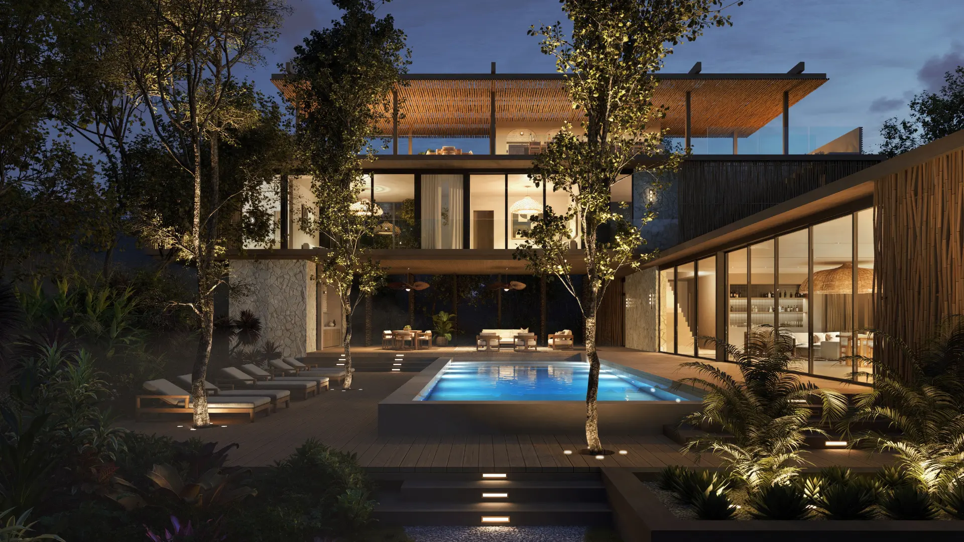 Modern illuminated luxury house with swimming pool