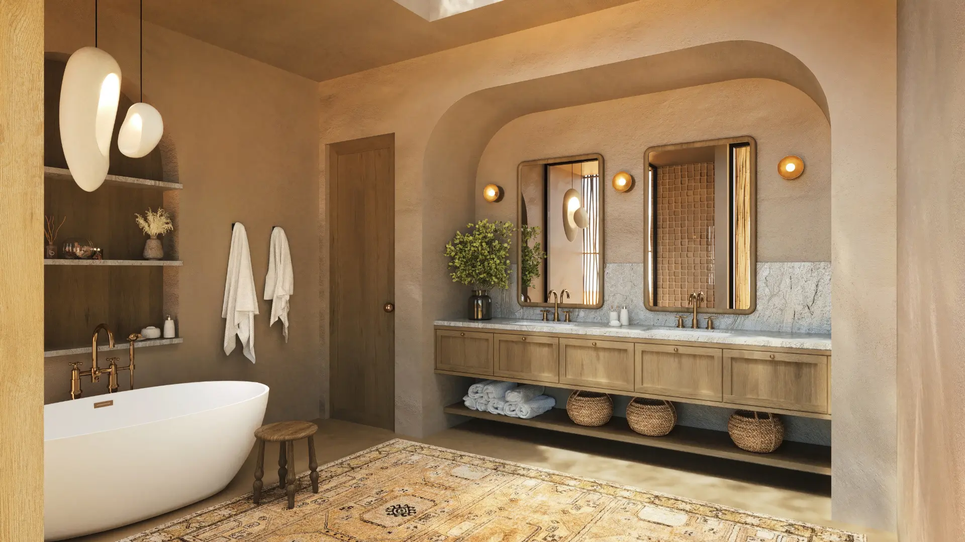 Warm earthy bathroom with freestanding tub