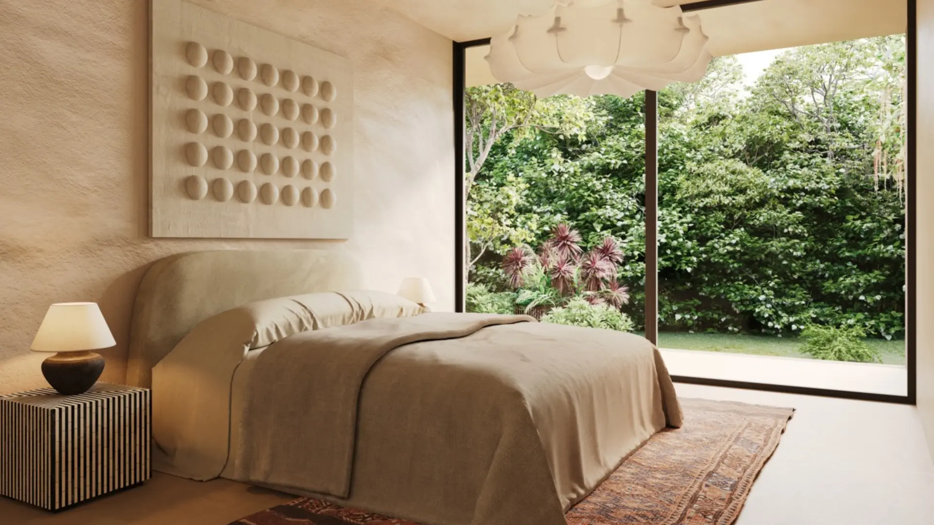 Cozy neutral bedroom with large garden window