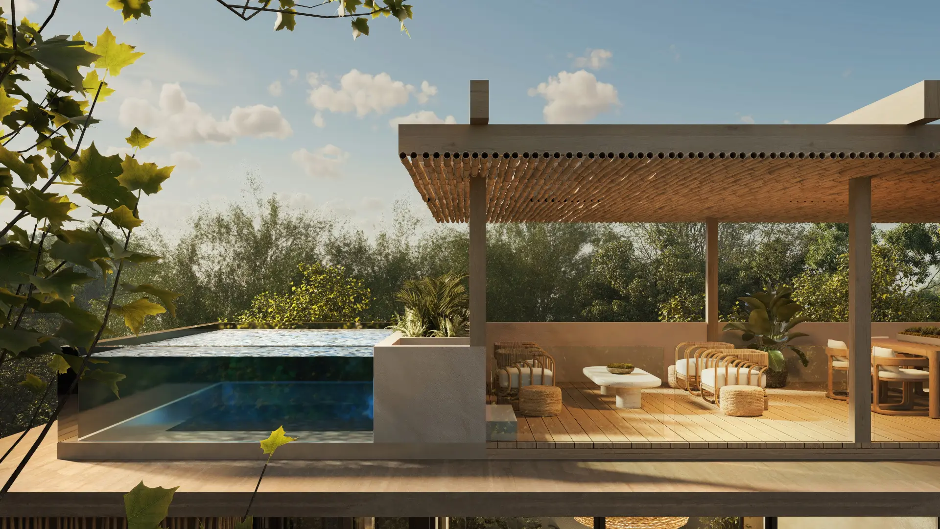Modern outdoor patio with pool and seating
