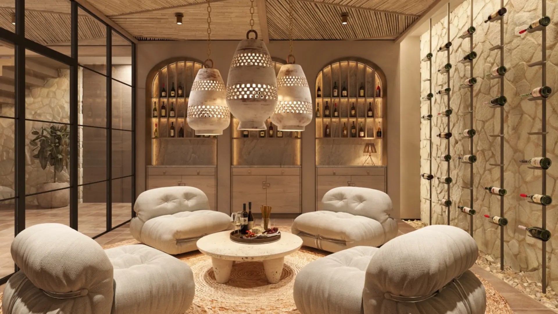 Cozy wine cellar lounge with plush seating