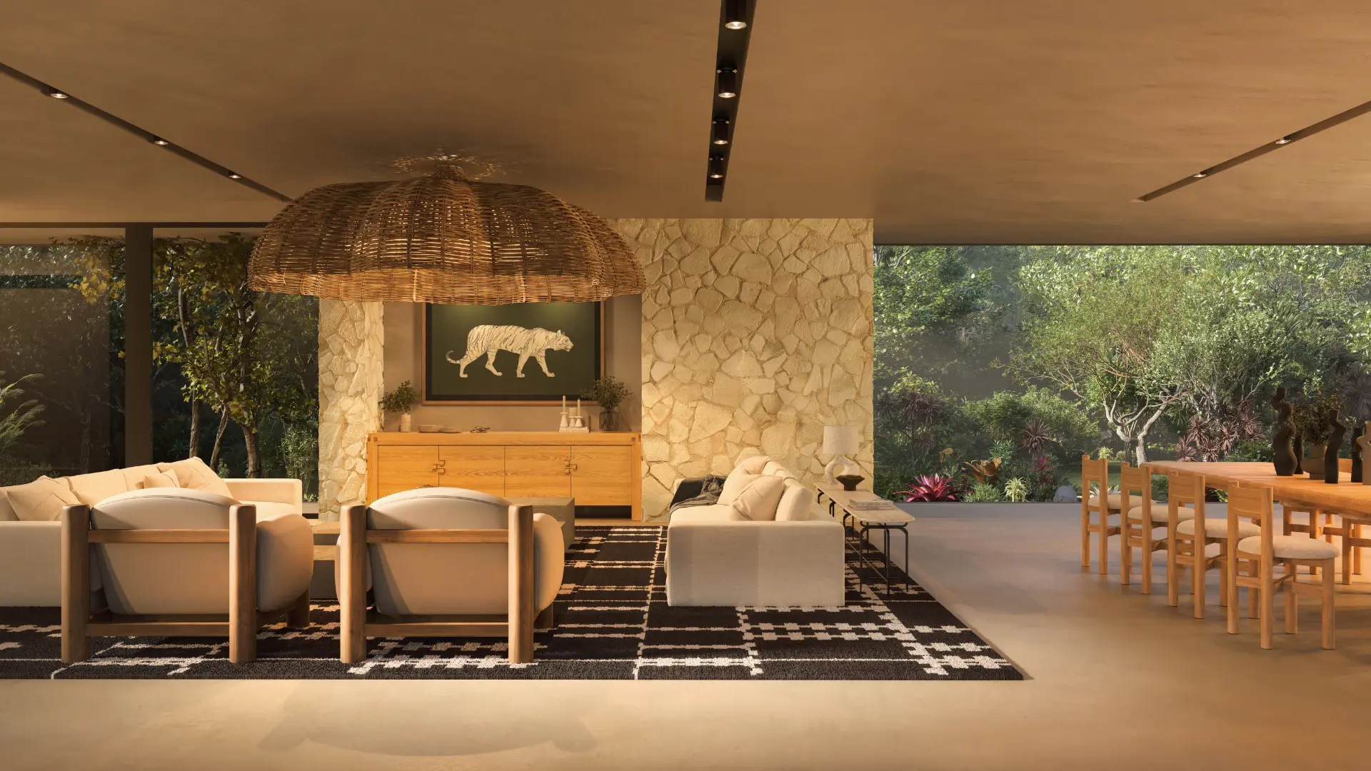 Modern open living-dining room with stone wall