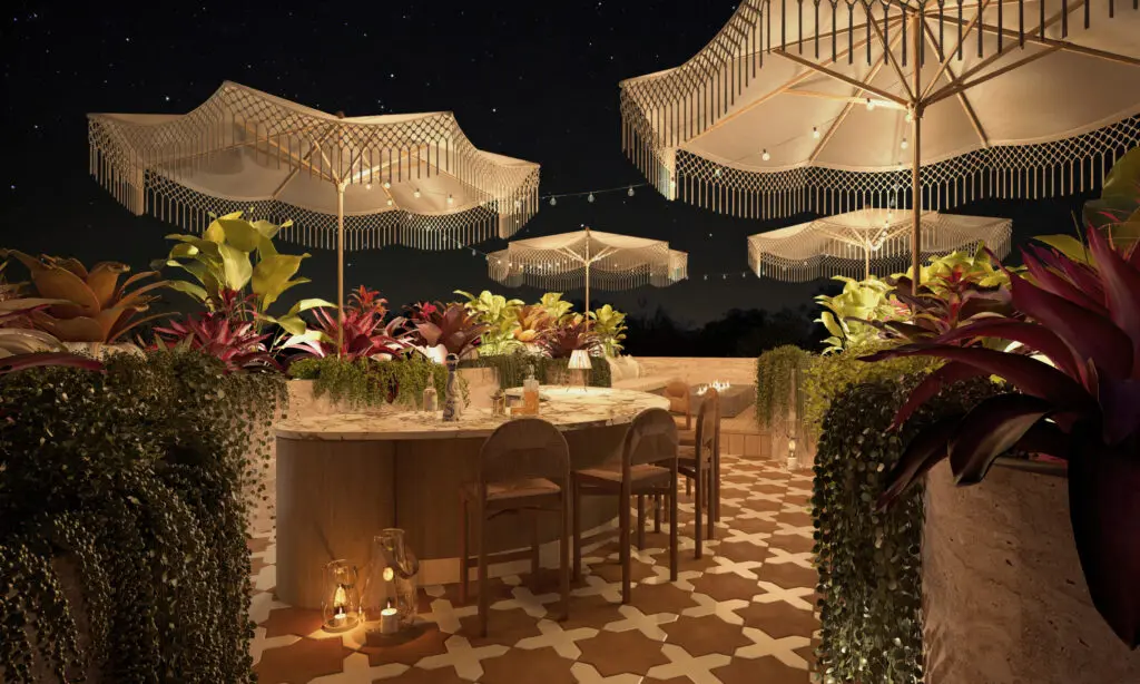 Outdoor rooftop bar with umbrellas and plants