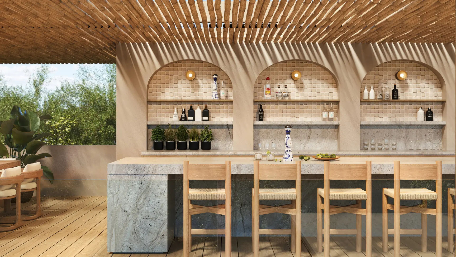 Outdoor bar with marble counter and wooden pergola
