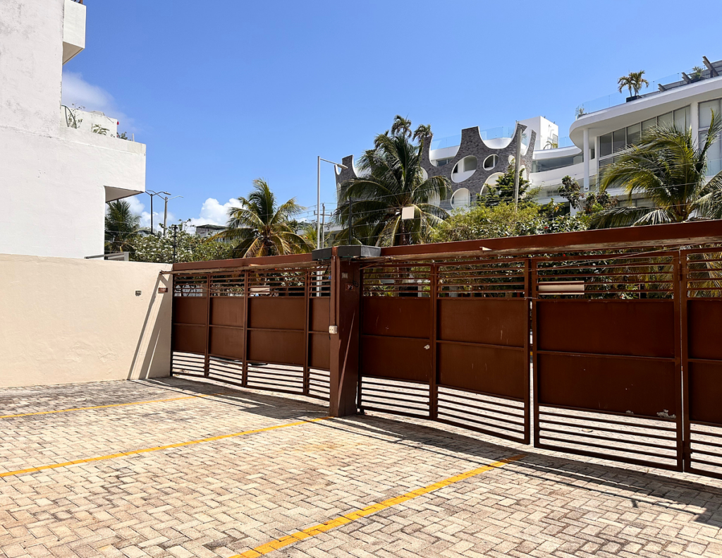 Empty parking lot, brown gate, palm trees
