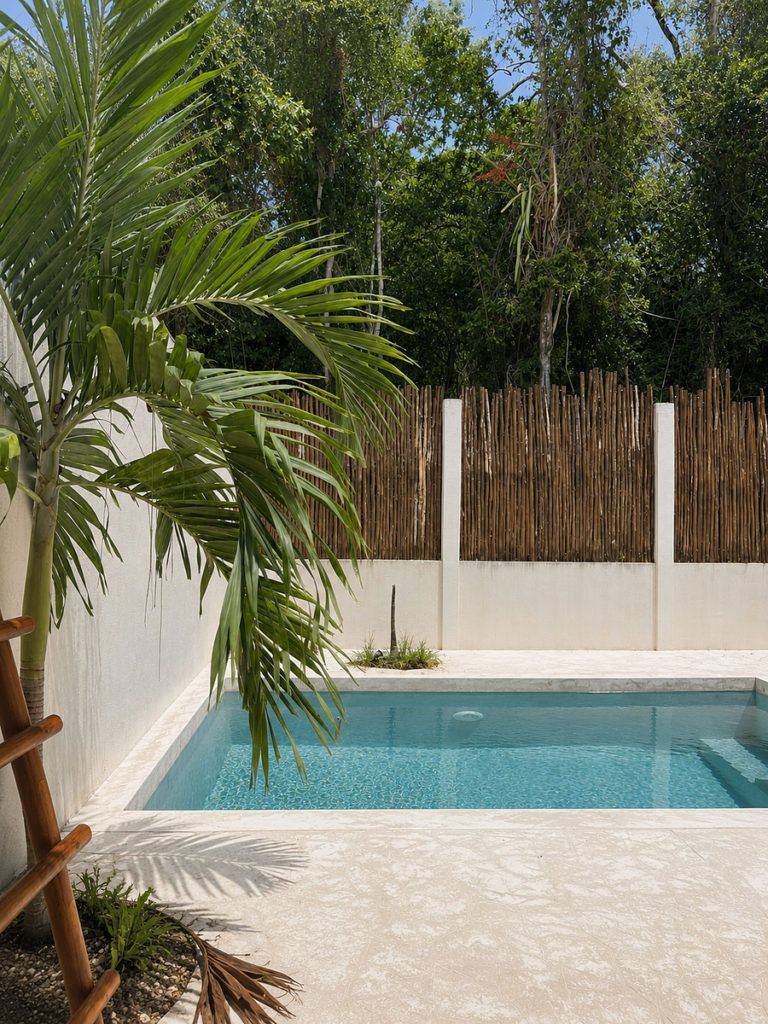 Private swimming pool with palm trees