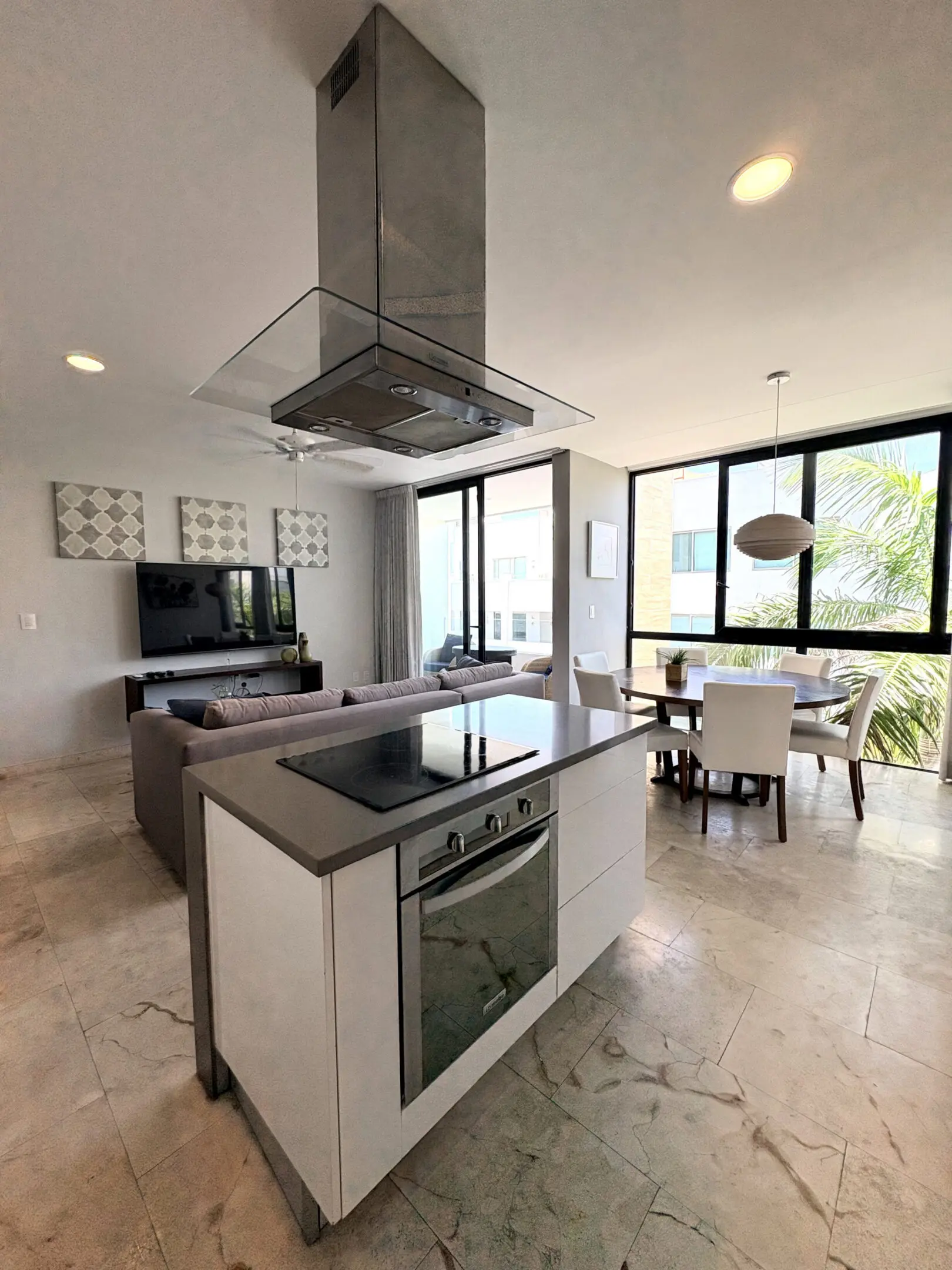 Modern open-plan kitchen island and living area