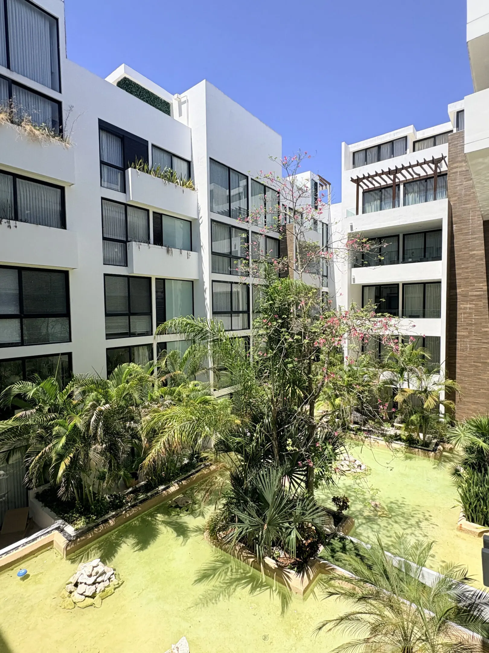 White apartment buildings surrounding lush courtyard