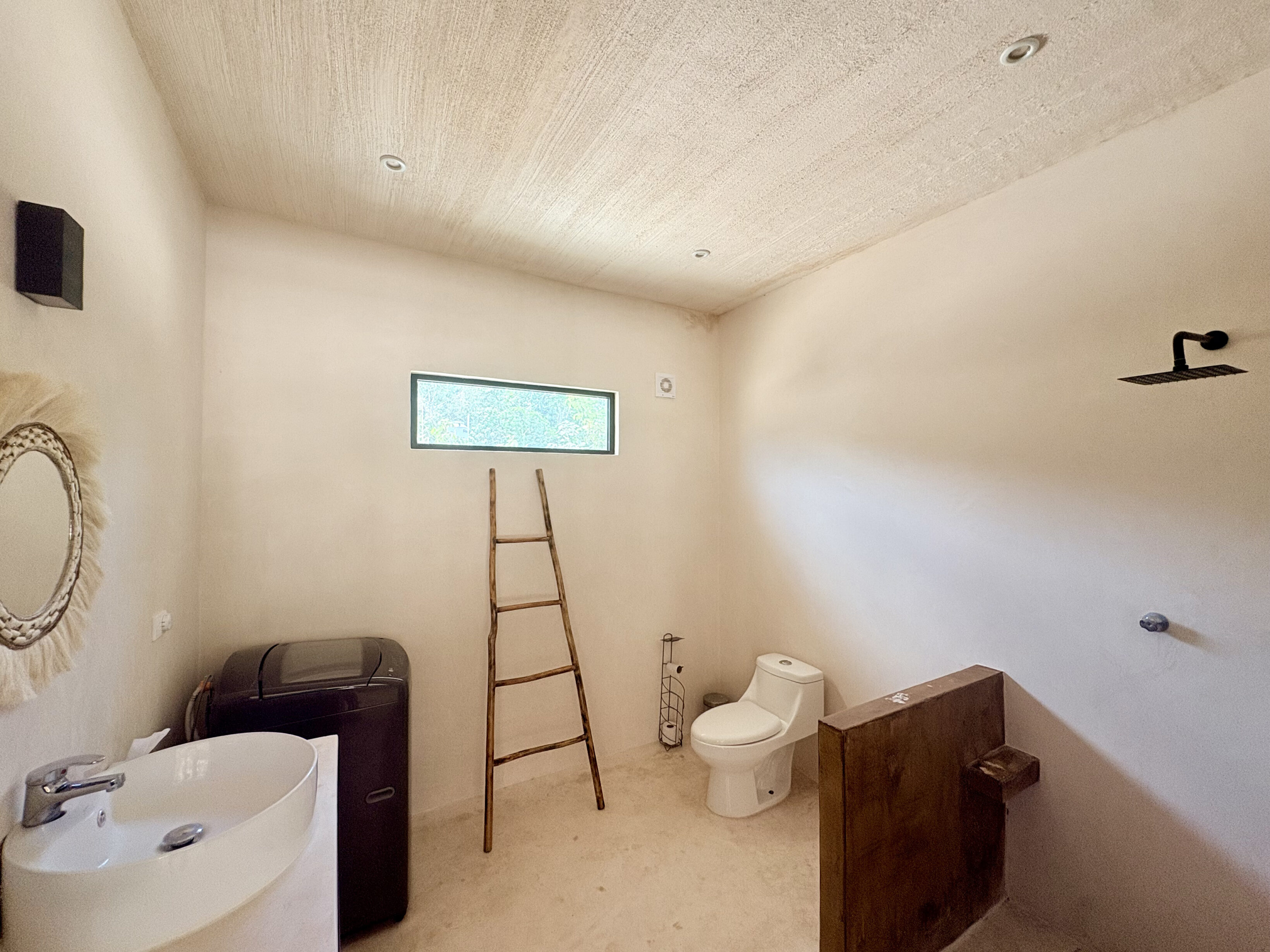 Minimal rustic bathroom with ladder and toilet